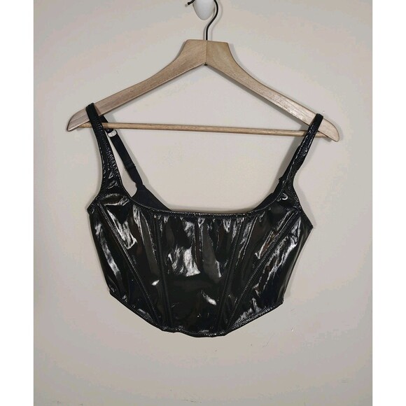 Black Patent Faux Leather Corset Bustier Top Women’s M Boned Gothic Grunge Club - Picture 2 of 11